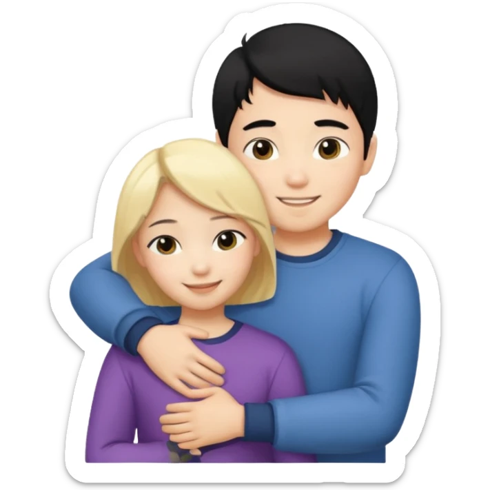 asian boy with black hair and blonde girl hugging sticker