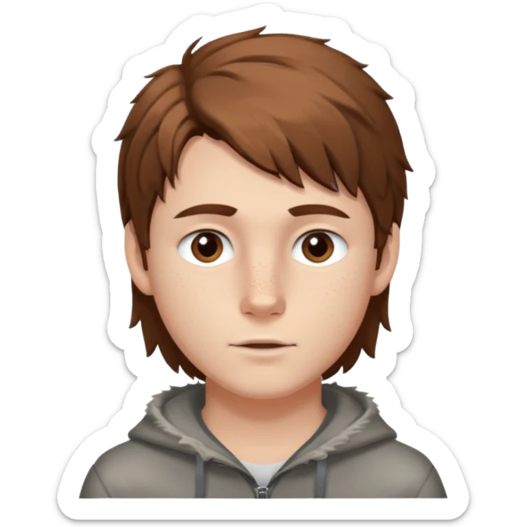 A young white boy with brown hair and eyes, with slightly long, straight and disheveled hair with wolf cut, Make it look aesthetic,  sticker