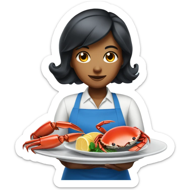 waiter girl with black hair in a blue apron holds crab in a plate sticker
