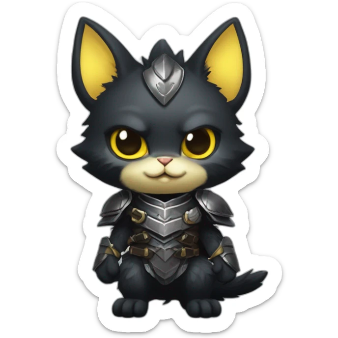 chibi monster hunter palico with all black fur and black face, on hind legs wearing armor, yellow eyes, happy and cute expression sticker