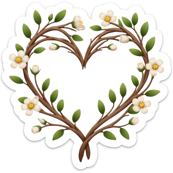 Natural cottage core aesthetic minimal flower branches in a twisty heart shape sticker