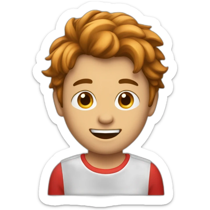 Homme cheveux bruns très court avec un t-shirt rouge sticker