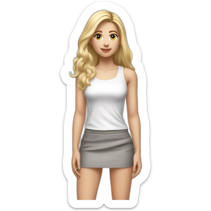 hyperrealist caucasian long blonde hair brown eyes woman white tank top gray tight mini skirt black high heel shoes full body sticker