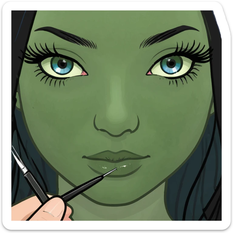 Girl lash-maker, long black hair, blue eyes, with two tweezers for eyelash extensions sticker