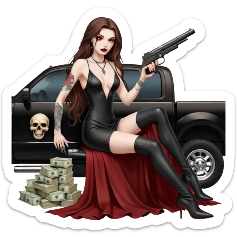 Lilith symbol red eye seductress evil long brown haired sexy succubus woman with leather long dress with slit, sitting in Big Large F350 pickup truck. Black Platform high heels on feet. Tattoo sleeve arms, seat full of stacks of cash, and a man dead human skull of her enemies and a gun in other hand sticker