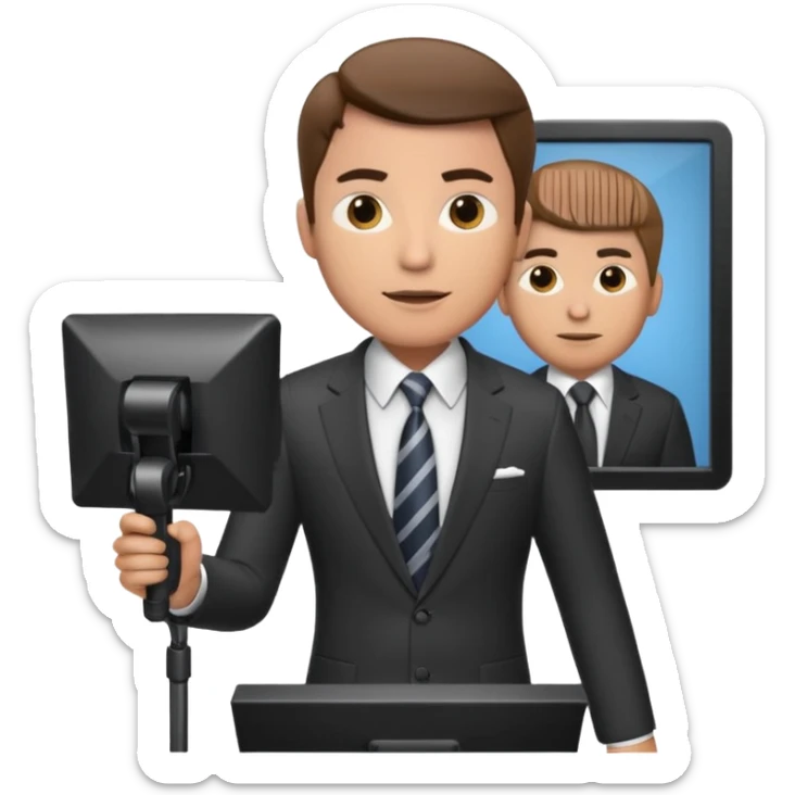 a male news anchor sits, with a screen with a prompter in front of him sticker