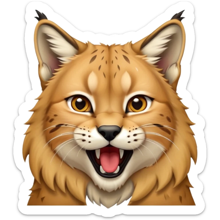 Cinematic-Cute-Yawning-Lynx-Portrait-Emoji – Head tilted slightly with a dramatic, wide-open yawn, revealing a dense golden-brown fur coat with subtle spots, signature black ear tufts standing tall, round amber eyes barely open in drowsy contentment. sticker