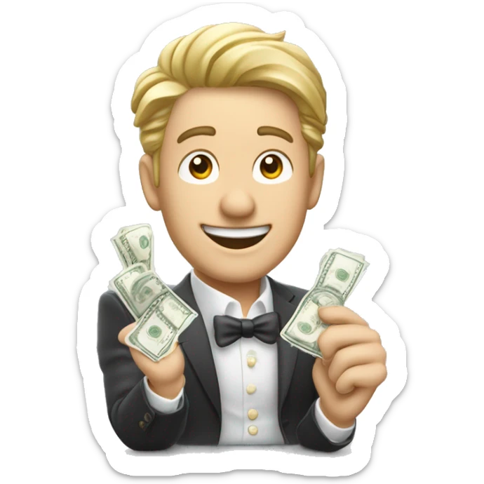 homme aux cheveux blancs riche tient des billets dans ses mains et saute de joie sticker