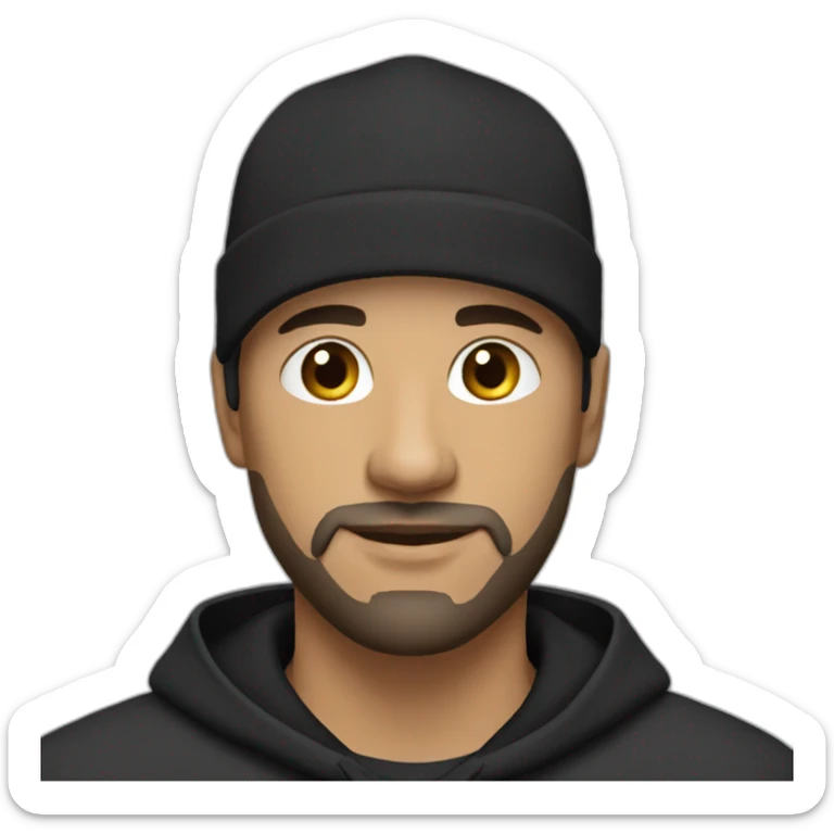 bald man with black (short) beard and no glasses in a black hoodie wearing a black cap sticker