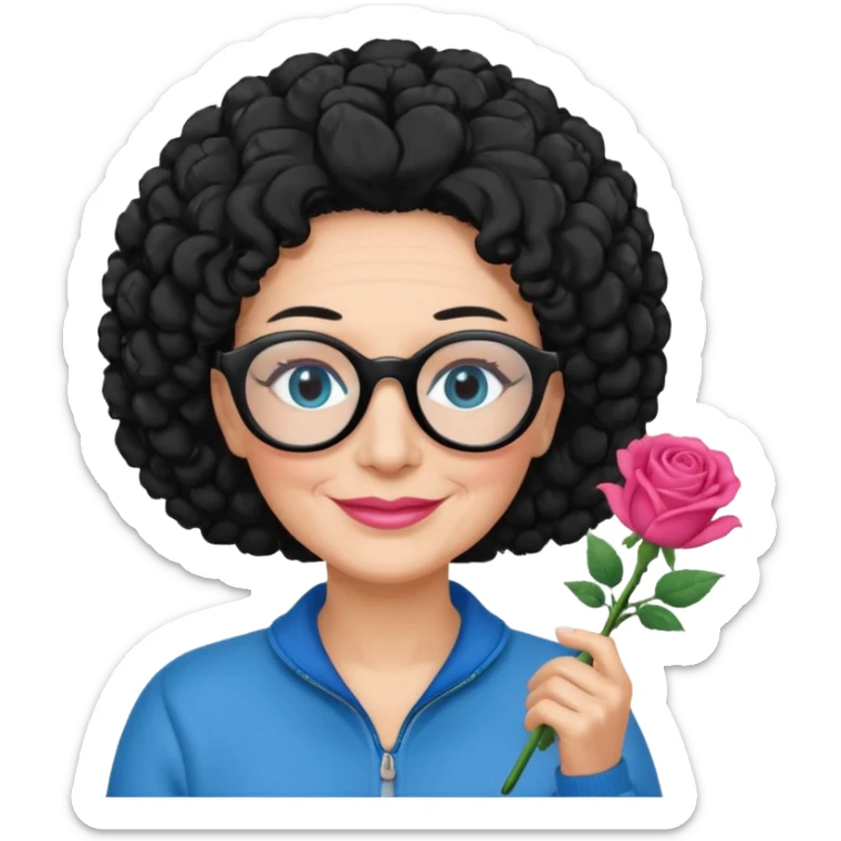 FEMME FRISÉ 60 ANS CHEVEUX NOIR FRISÉ LONG SOURIANTE AVEC CHANDAIL ROSE,   YEUX BLEU ET UN PINCEAU À LA MAIN LA MAIN AVEC 5 DOIGT SEULEMENT ET LUNETTE sticker