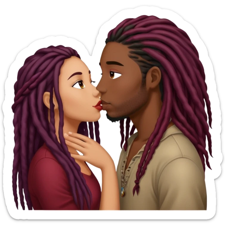 Dark Wine colored hair Latina long hair, kissing young black guy with dreads sticker
