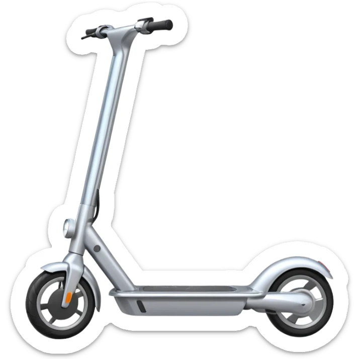 A futuristic electric scooter emoji made of silver chrome, sleek minimal frame, smooth metallic surface, subtle reflections, modern urban design, iOS emoji style, centered, clean white background sticker
