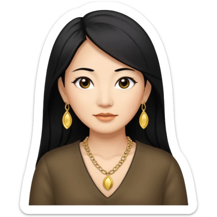 50 yr old asian woman, straight thick long black hair, big black, side part sticker