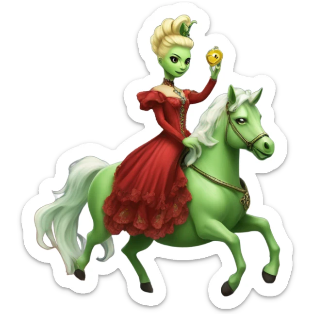 "galora green blonde alien woman" in red Victorian elegant dress, full body, rides unicorn gold and white
(NO WOKE)
 sticker