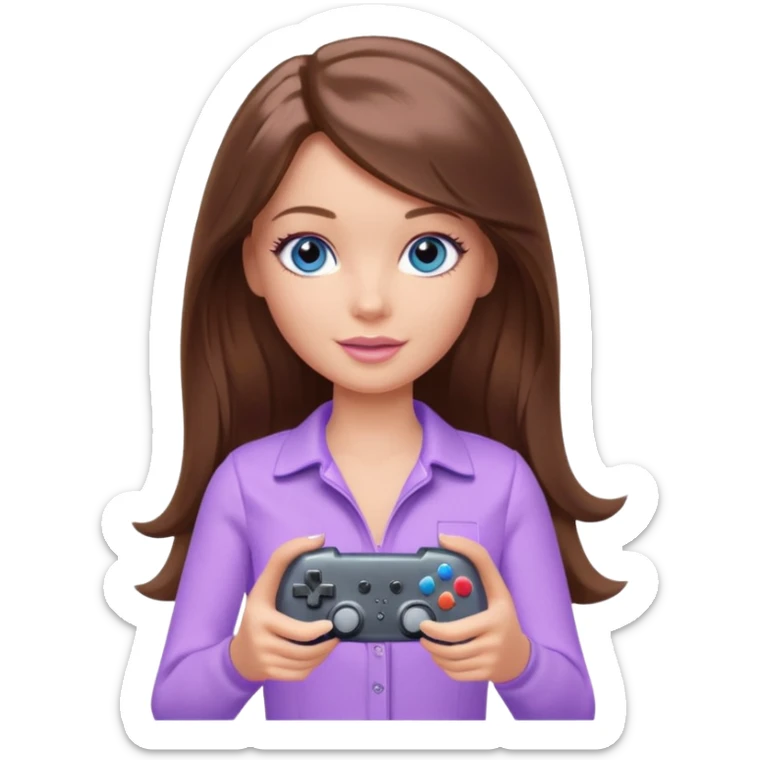 beautiful barbie girl with long brown hair, blue eyes and wearing light purple clothes playing console games with controller sticker