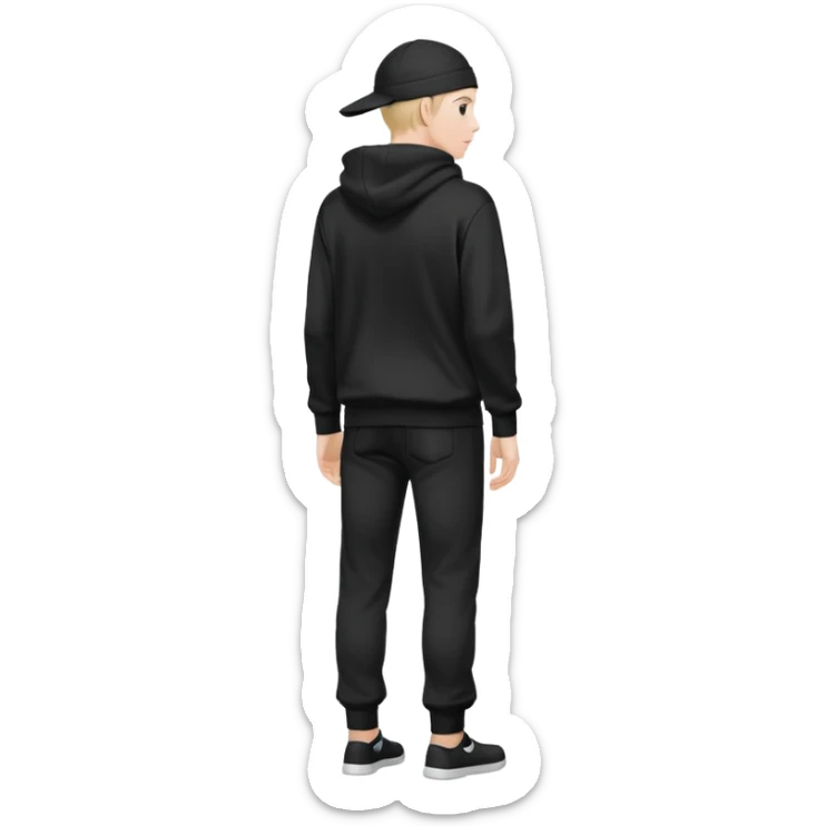 fullbody Mysterious shy caucasian man in black hoodie on head, hands in pockets and black pants rear backview sticker
