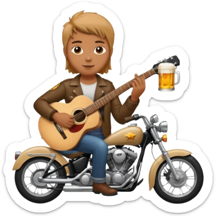 We're creating a quiz for a New Year's Eve team. The idea is that people have to guess which emoji belongs to which person from three emojis. Now it's up to you to make one whole emoji from the following  emojis.  🏍🎸🍻👦 sticker