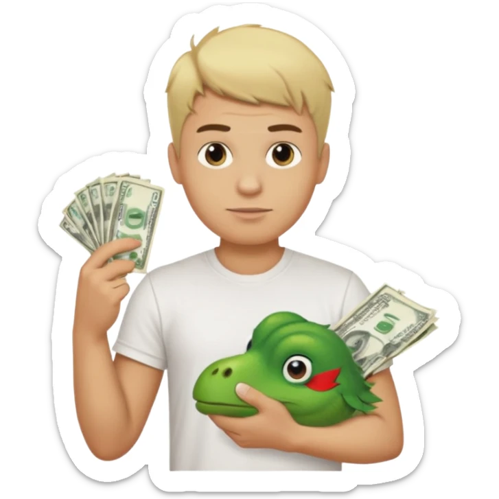Blonde man with haircut low taper fade, in t-shirt with text SMS holding plush pepe and money sticker