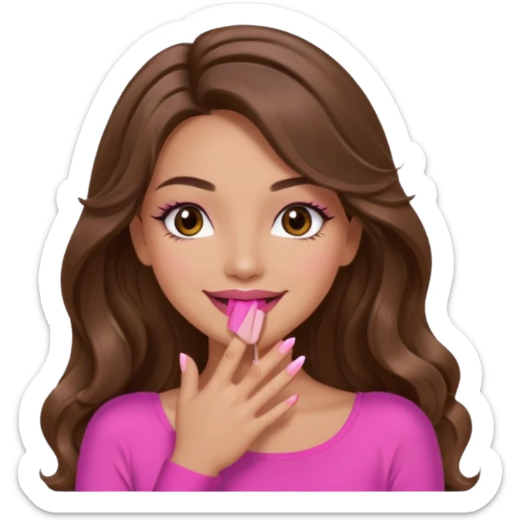girl with long wavy brown hair, brown eyes, long lashes makeup, pink lips, light to medium complexion, pink sexy top, smiling, hand covering mouth sticker