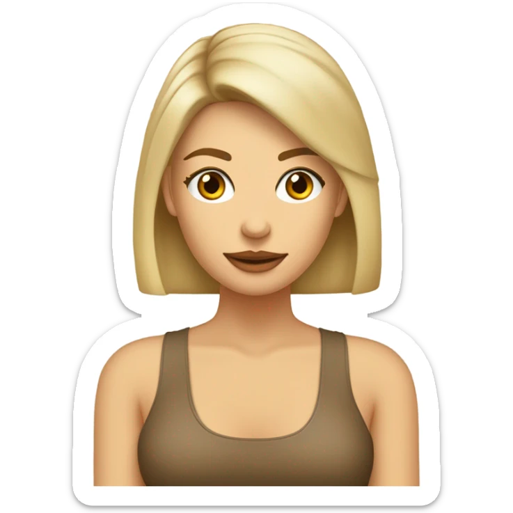 Mujer con cabello rubio, lacio, bajo el hombro, con flequillo de lado, frente amplia y aros de argolla, ojos café. Polera color beige con cuello tortuga sticker