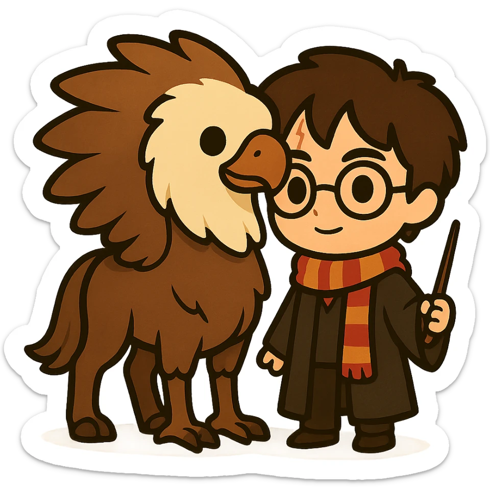 Illustration of Harry Potter and a hippogriff together in a cute, cartoon, simplified style. Harry Potter is full body with round glasses, scar on forehead, striped scarf, dark brown hair, wand, and Hogwarts robe. The hippogriff has a horse body and eagle head and wings, slightly taller than Harry Potter. Bold black lines and soft colors. sticker