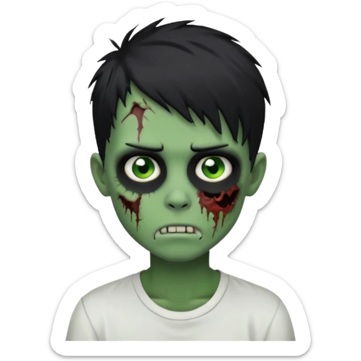 zombie boy with messy black emo hair, green skin, white shirt, classic emoji style sticker