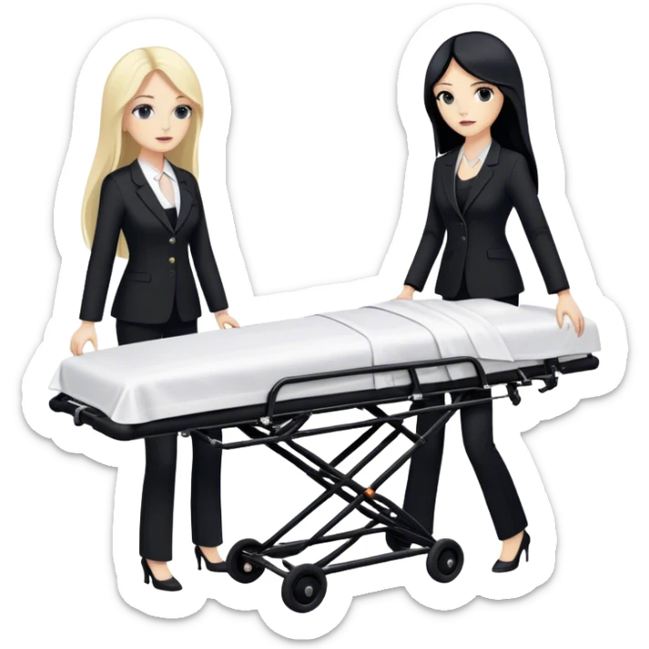 Two woman with long hair. One has black hair and one is blond. They have black pants suits on. And they are pushing a funeral stretcher in to a black Mercedes Vito. On the stretcher is a body covered in white sheets sticker