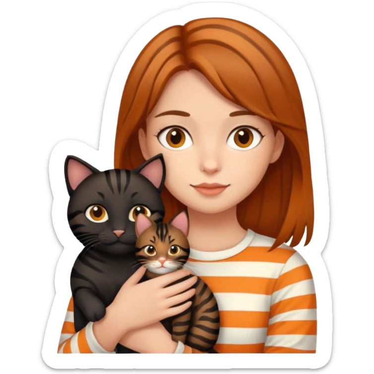 tan brown-haired girl holding two cats, one black cat and one orange tiger-striped cat sticker