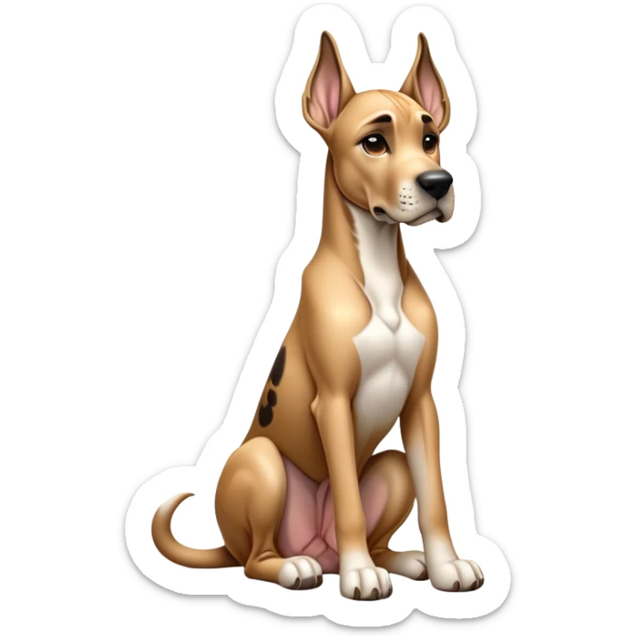 cinematic-[fawn great dane]-realistic-full-body-sitting-emoji,-tail-resting-loosely-beside-its-paws,-head-tilted-dramatically,-sleek-[fawn]-fur,-simplified-yet-realistic-focused-features,-highly-detailed,-glowing-with-an-almost-sarcastic-glow sticker