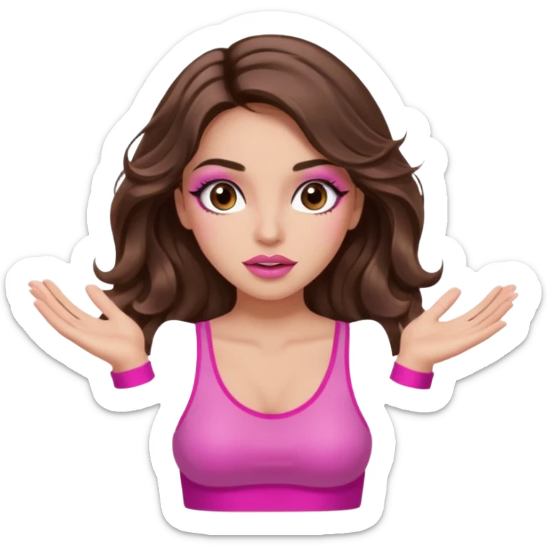 girl with long wavy brown hair, brown eyes, long lashes makeup, sexy pink lips, light to medium complexion, pink sexy top, two hand up shrugging sticker