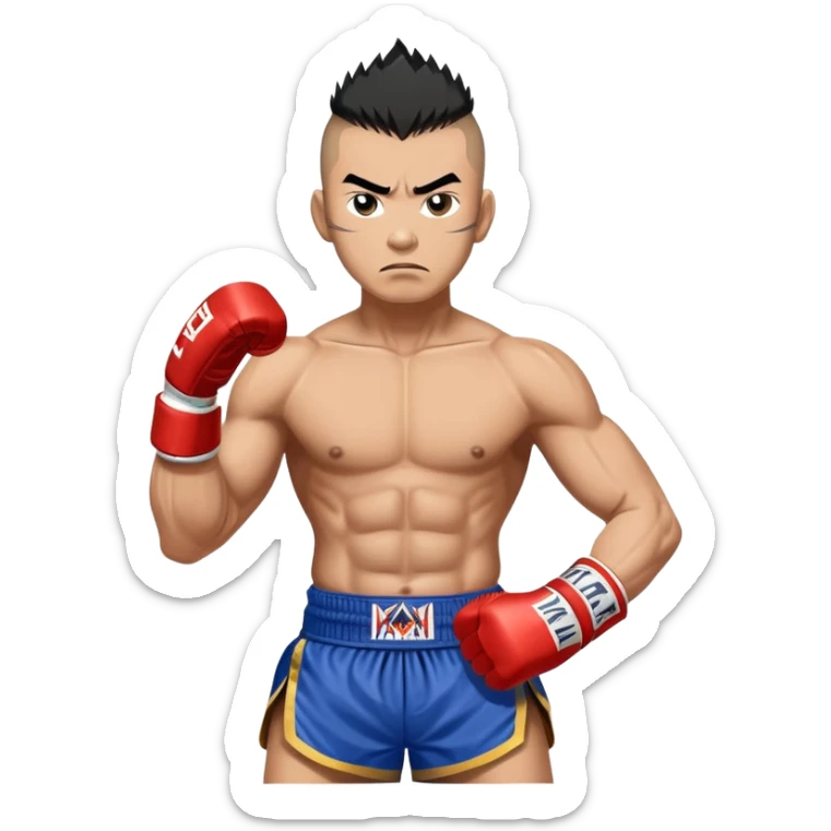 Rodtang Jitmuangnon the Iron Man, fierce Muay Thai fighter with mohawk hairstyle, intense expression, muscular build, wearing mongkhon headband and traditional Muay Thai shorts sticker