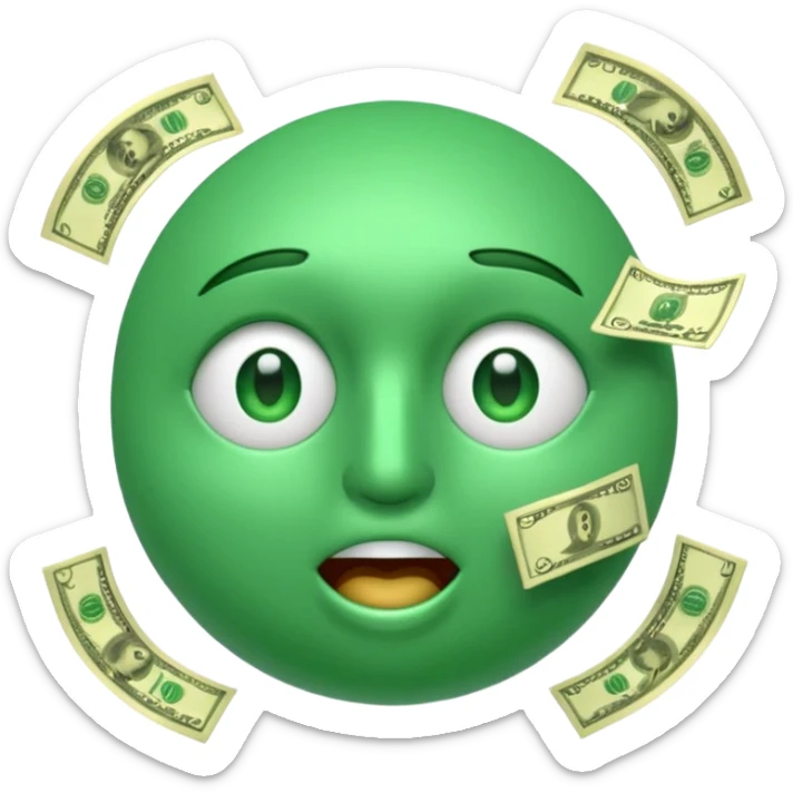 3D glossy money emoji, dollar-sign eyes, cash flying out of mouth, seamless loop, centered, transparent background sticker