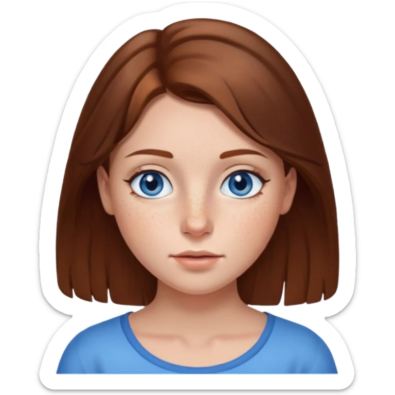A girl with brown hair and blue eyes with freckles on her nose sticker