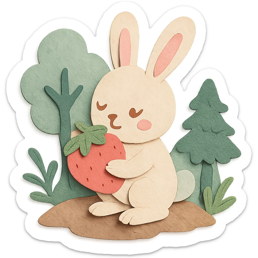 bunny picking strawberries in the woods, sweet pastel red, paper craft style sticker