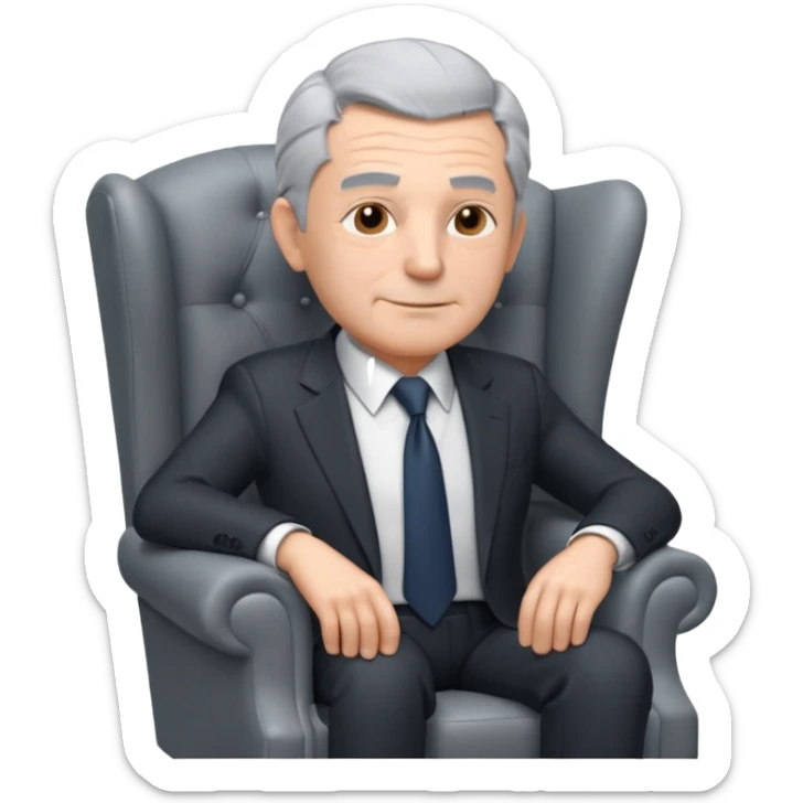 elderly businessman sitting in an armchair, wearing a formal suit and tie, gray hair, confident wise expression, corporate boss vibe, 3D cartoon style, mobile game icon style, clean background, no text, no watermark
 sticker