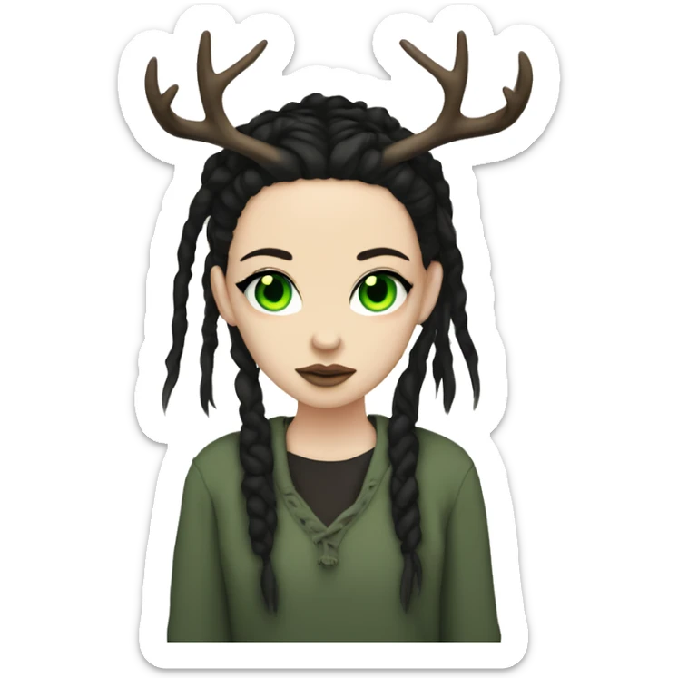 Girl with pale skin, green eyes, black dread-locks, eyeliner, deer antlers, grunge sticker