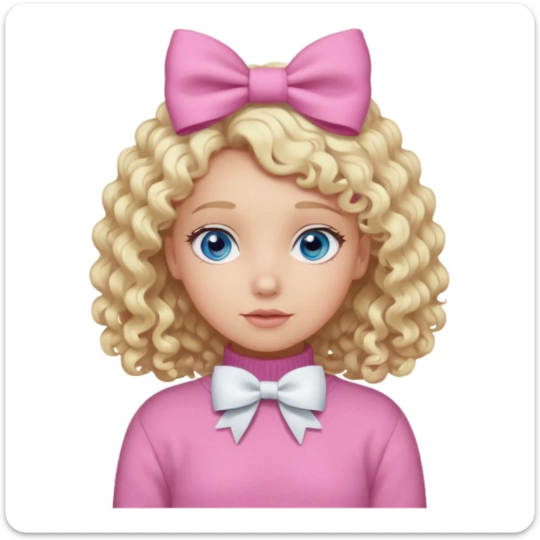 girl with blonde curly hair and blue eyes wearing a pink sweater and white hair bow sticker