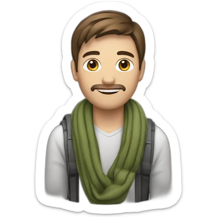 man with brown hair with grasses and scarf and on a wheelchair sticker