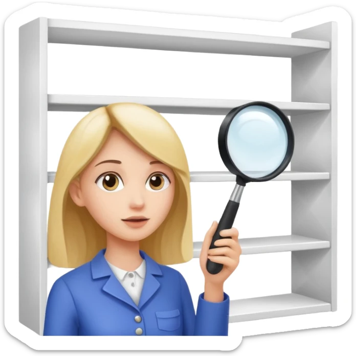 emoji of white empty shelf in perspective view with a woman nearby, she is looking at the shelfs with a magnifying glass sticker