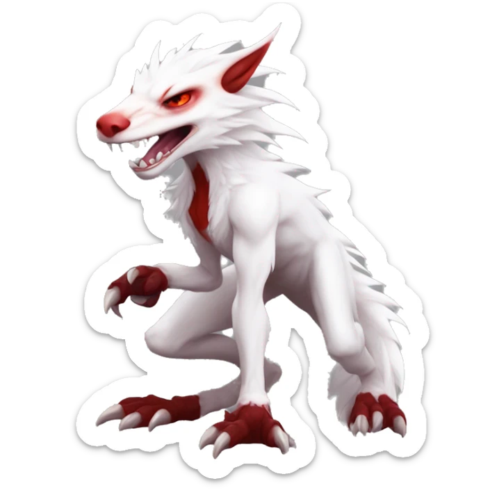White edgy cute badass epic anthro modern albino sergal-vernid-Fakémon with red mane and red eyes with red edgy stripes, full body sticker