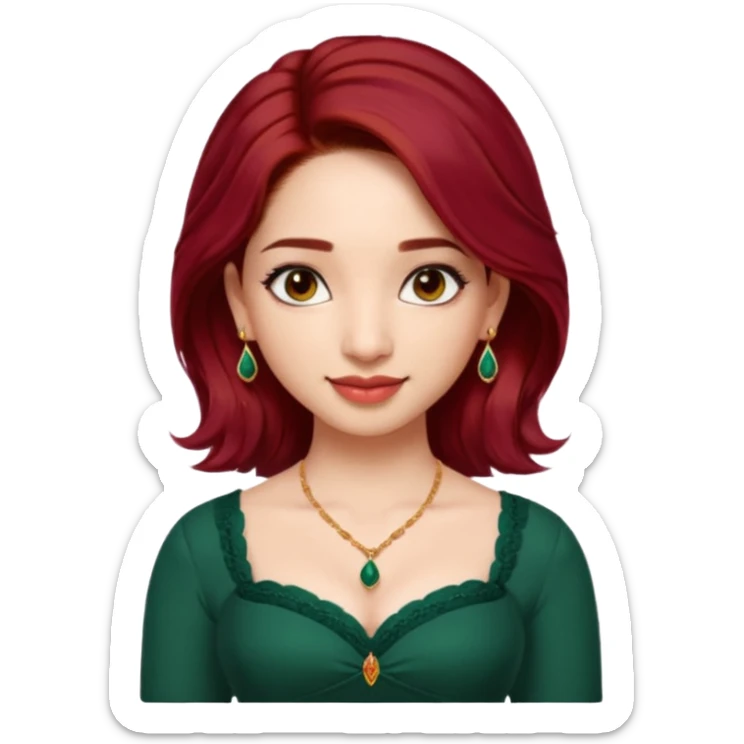 pretty bratz genmoji that looks like tamannah bhatia (bollywood actress), wearing a dark green sweetheart neckline top, dark red hair, light makeup, no necklace, dangly earrings, side hair part, dark brown eyes,  sticker