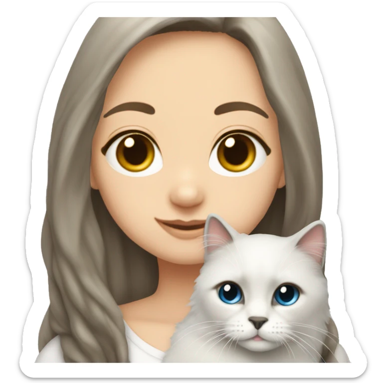 Brunette girl long hair wearing white snuggling seal point ragdoll cat sticker