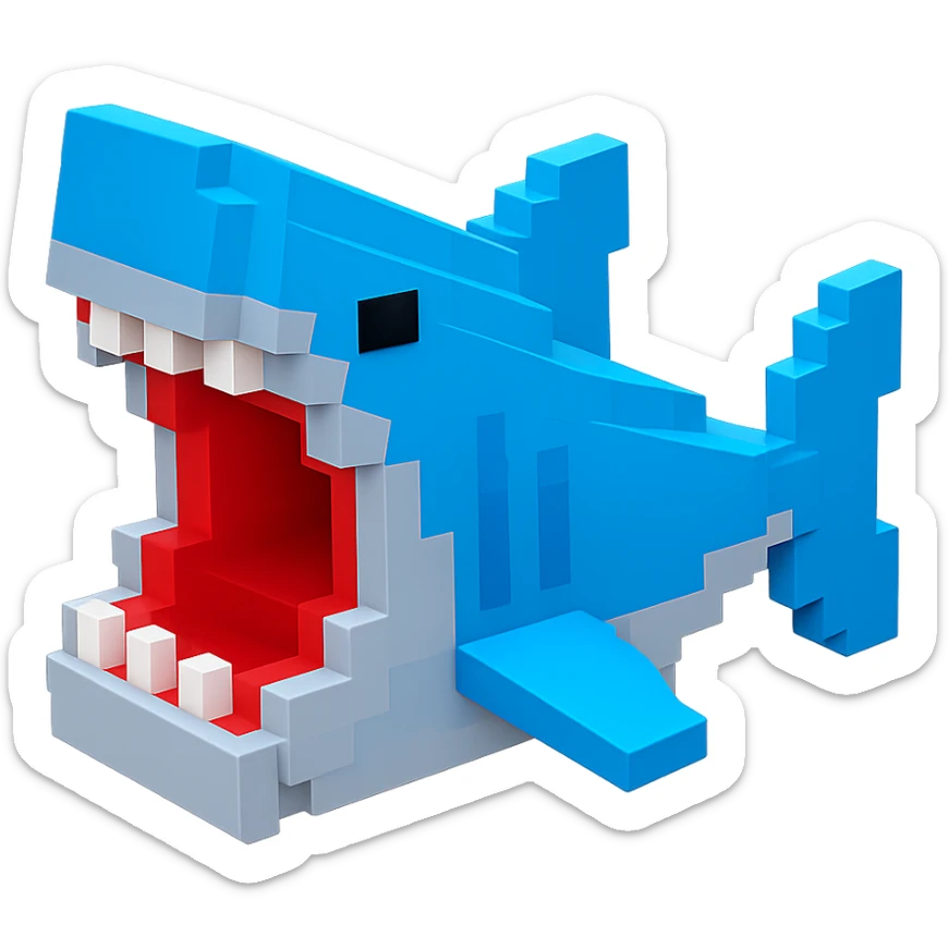 voxel style shark, open mouth, blocky, blue and silver, no background sticker