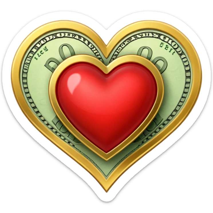"Realistic HD heart fully merged with money, red glossy heart seamlessly fused with cash textures and gold tones, glowing dramatic light, symbolizing love and wealth becoming one, white background." sticker