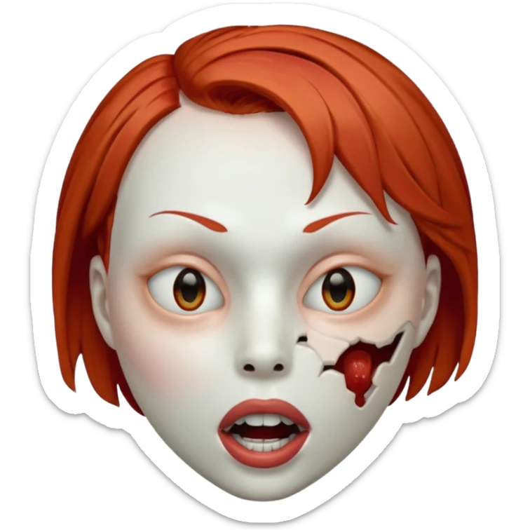 Empty mask resembling a head of a female with short red hair, hollow eye sockets and open mouth sticker