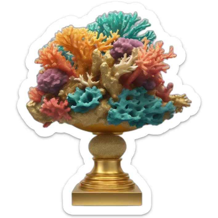 modern sculpture of colorful sea corals on a golden glittering pedestal, zoomed out view of the entire sculpture, 4K resolution sticker