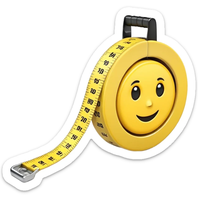 A 3D emoji-style yellow measuring tape, rolled in a spiral with black markings, realistic light and shadow, minimalistic background, vector-like clean design. sticker