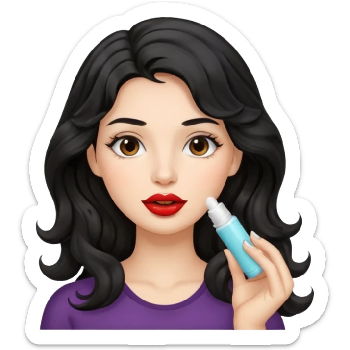 A gorgeous with black wavy hair women applying lipbalm on her brown lips sticker