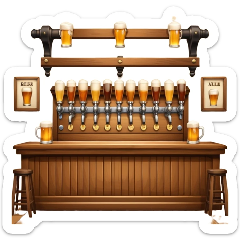 classic British pub, cozy and inviting, wooden bar, beer taps, pint of ale, emoji style sticker