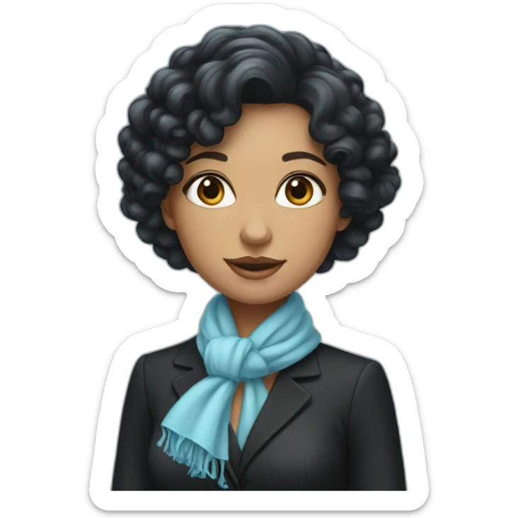 woman with elegant black suit and light blue scarf, long curly black hair sticker